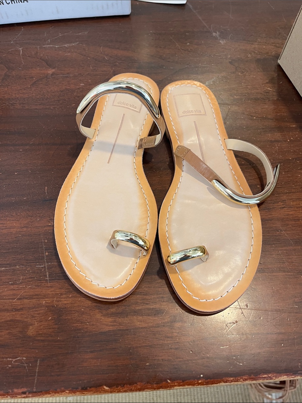 Dolce Vita Tan and Gold Leather Toe-Ring Sandals